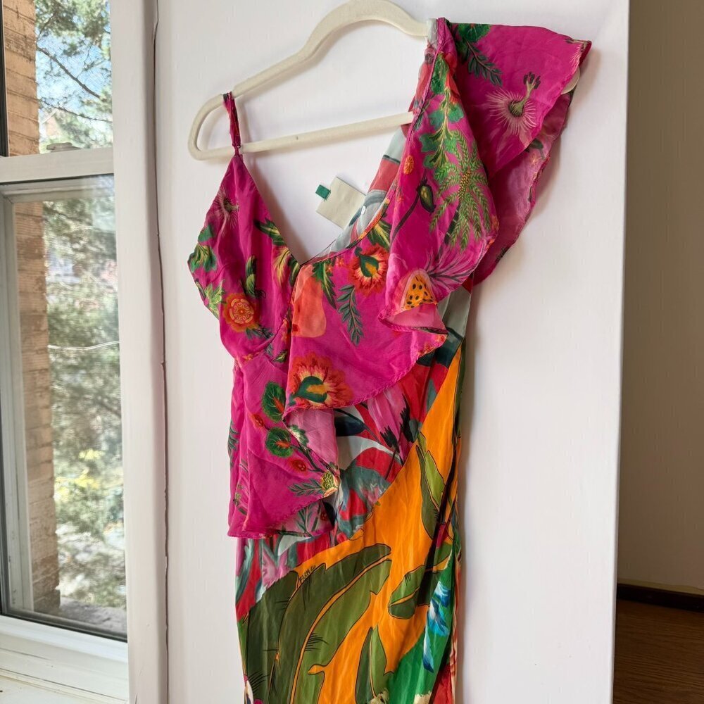 Farm Rio Mixed Flowery Ruffle One Shoulder Midi Dress Tropical Floral Medium - Picture 8 of 17